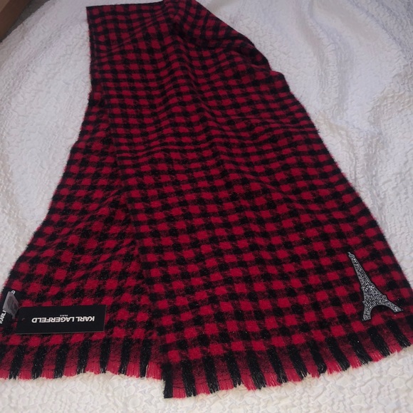 Karl Lagerfeld Crimson & Black Plaid Rectangular Scarf Eiffel Tower Patch NWT - Picture 11 of 16
